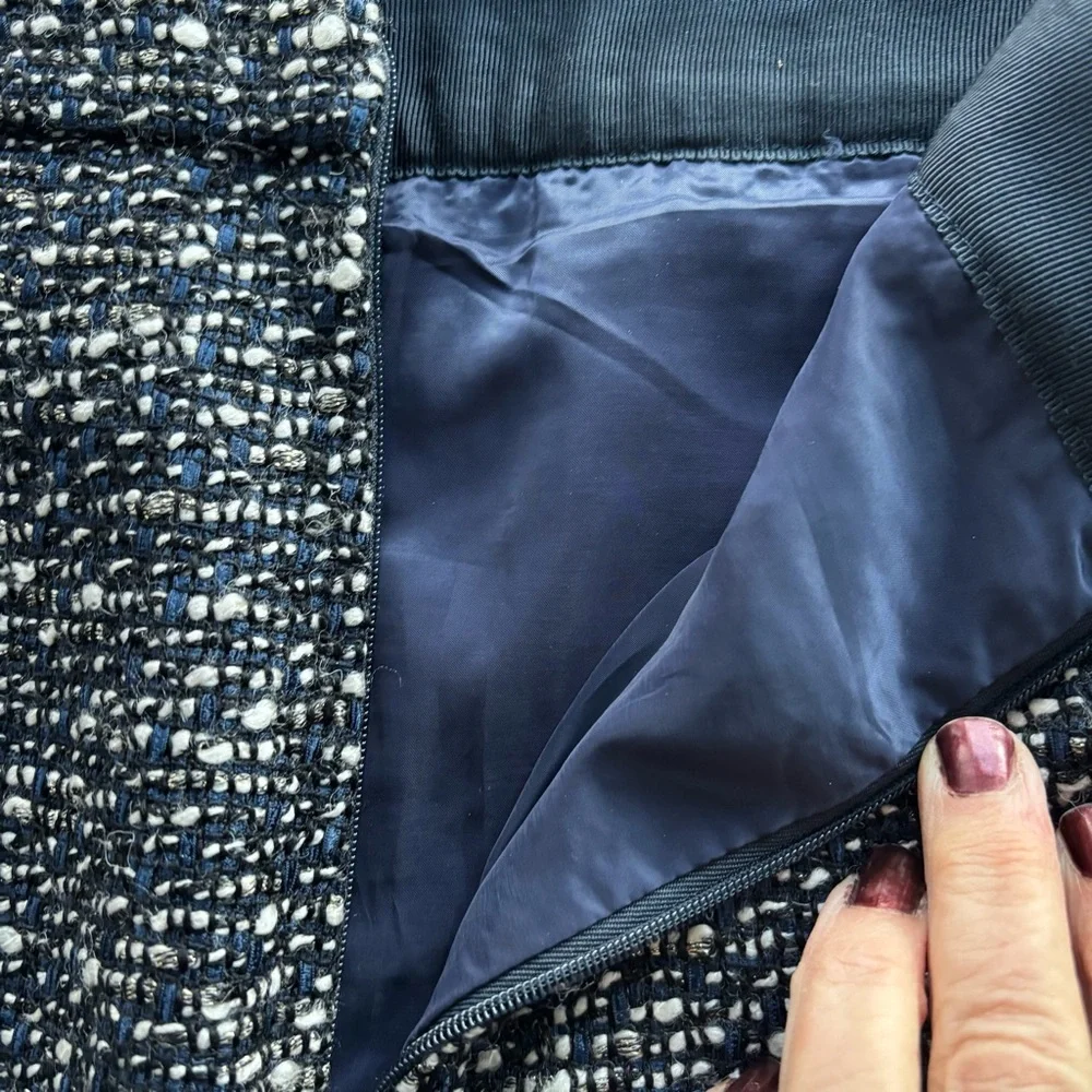 J. Crew Faux Wrap Navy/Off-White Tweed Pencil Skirt, Size 8
